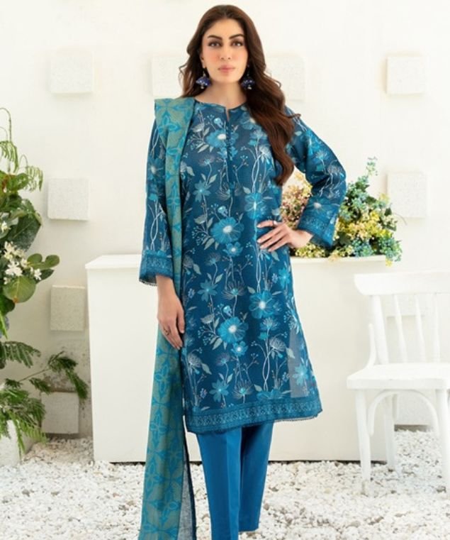 Qalaa 1 Azure Blossom Printed Lawn Suit - Image 1
