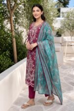 Rich Plum & Aqua Breeze 3-Piece Lawn Suit (Design Code: D-5640) - Image 3