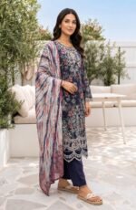 Royal Navy Floral Elegance 3-Piece Lawn Suit (Design Code: D-5642) - Image 3