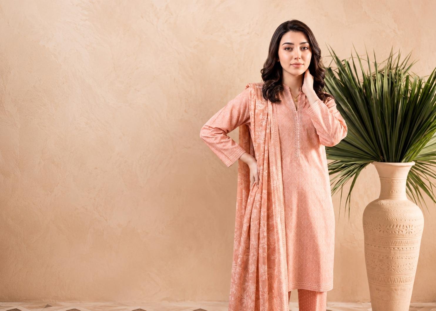 WhatsApp Image 2026-08-19 at 4.49.32 PM74. Peach Blossom Rotary Print Suit - Image 1