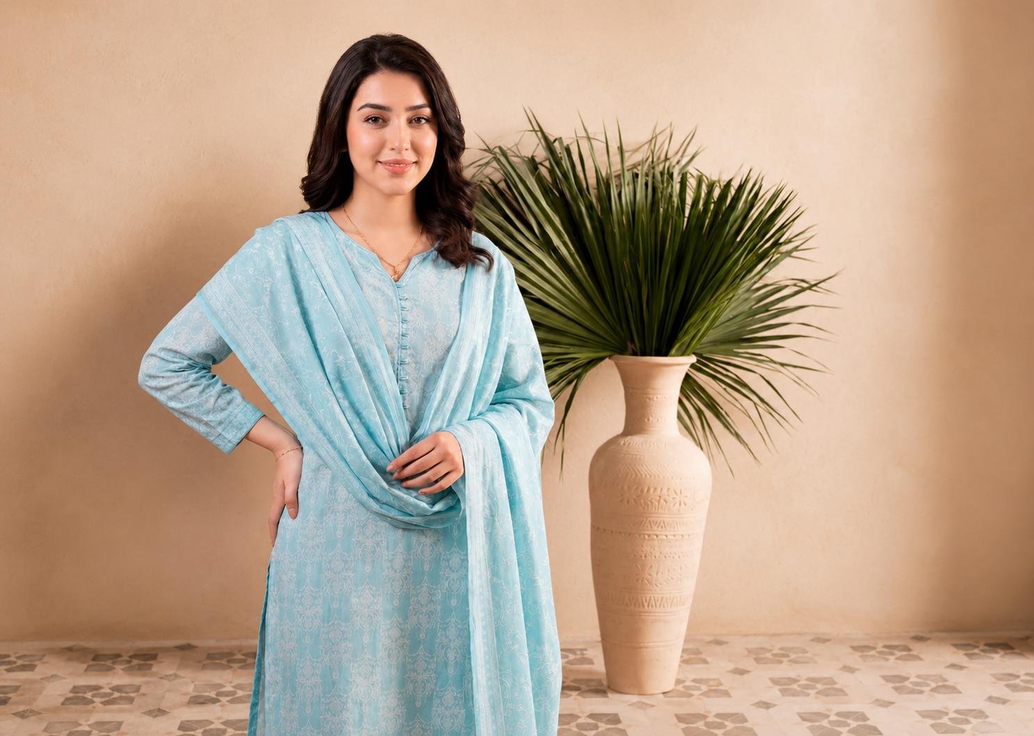 WhatsApp Image 2026-08-19 at 4.49.41 PM3.65 Sky Blue Floral Lawn Ensemble - Image 1