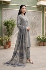 Slate Grey Geometric 3-Piece Lawn Suit - Image 3