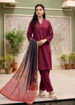 Maroon Burgundy Contrast 3-Piece Lawn Suit - Image 2