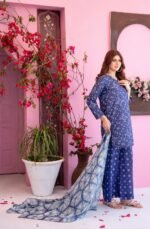 Royal Blue Geometric Chunri 3-Piece Lawn Suit - Image 3