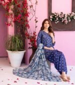 Royal Blue Geometric Chunri 3-Piece Lawn Suit - Image 2