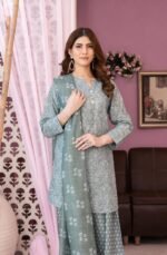 Sage Grey Lattice 3-Piece Printed Lawn Suit - Image 2