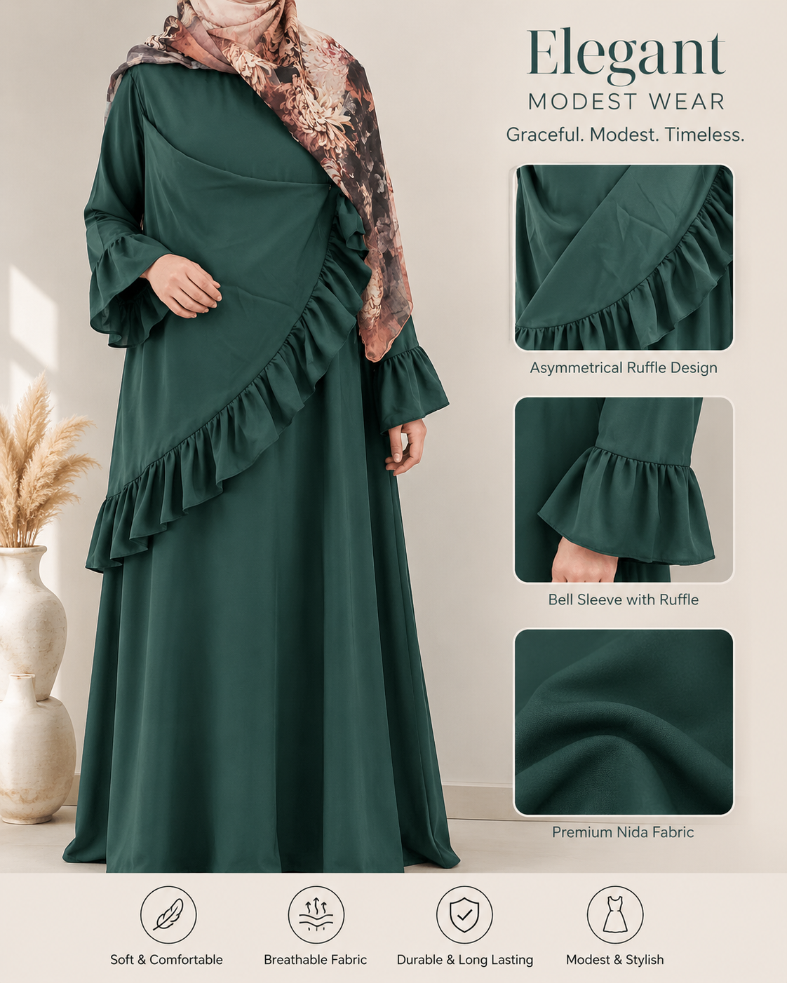 casual 1 Emerald Grace Ruffle Abaya - Image 1