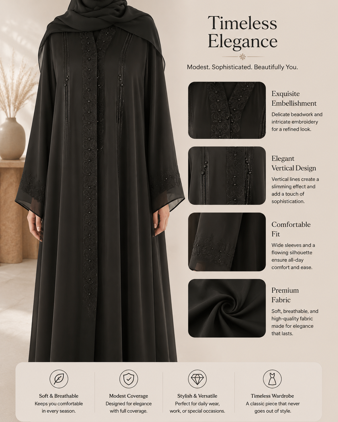 fancy 2 Classic Noir Stone Work Abaya - Image 1