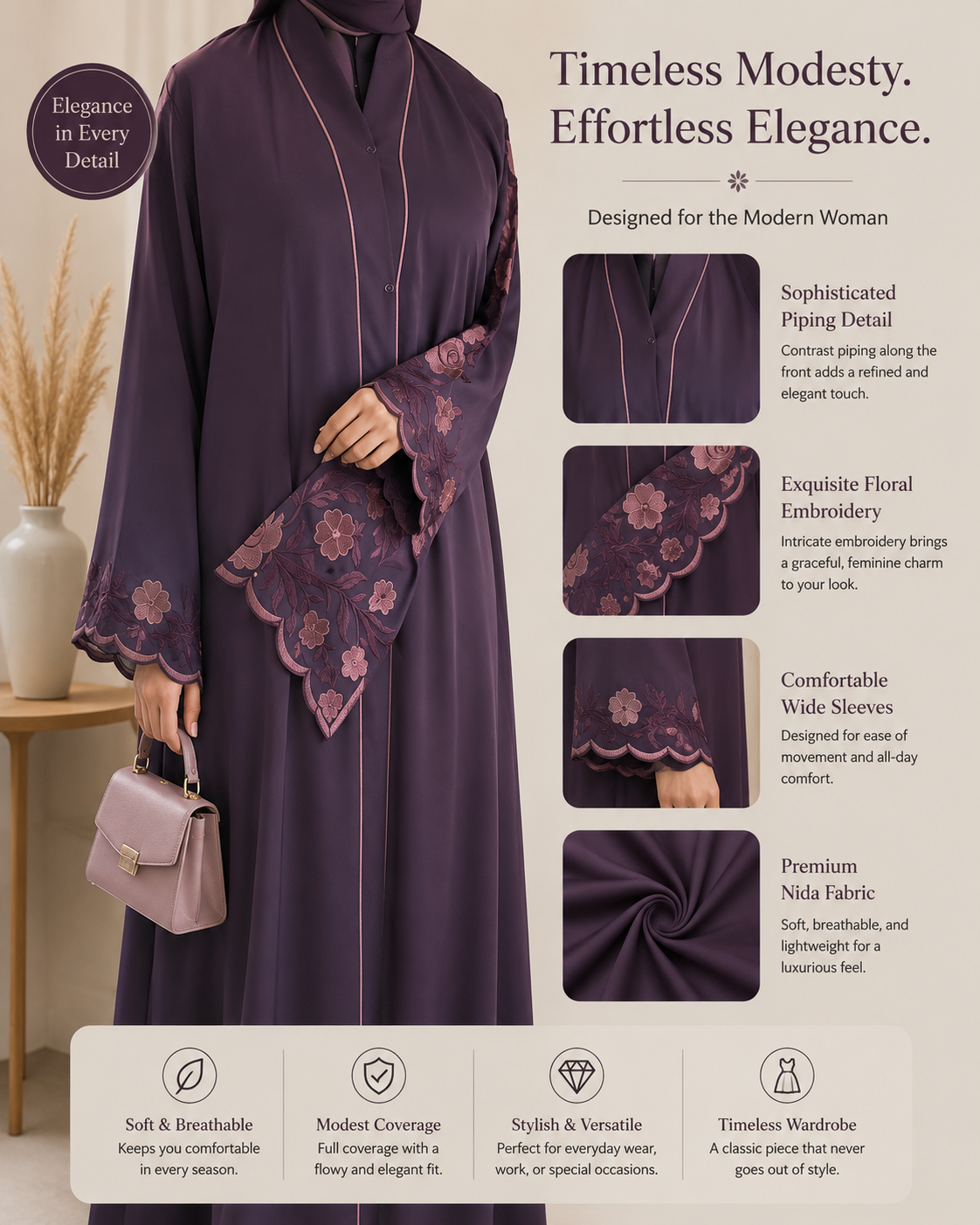 formal 1 Plum Blossom Embroidered Abaya - Image 1