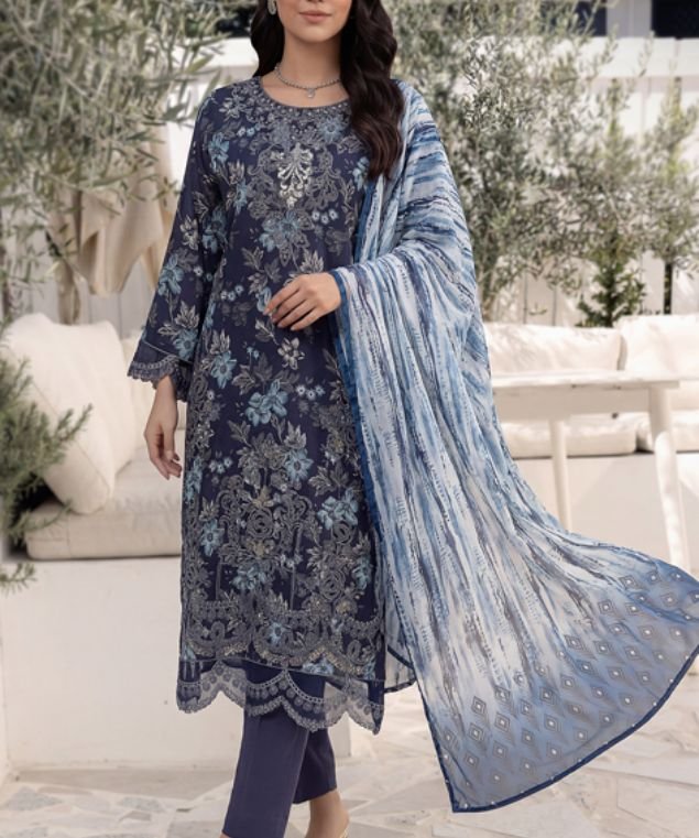 Afera 1 Deep Navy Midnight Floral 3-Piece Embroidered Lawn Suit - Image 1