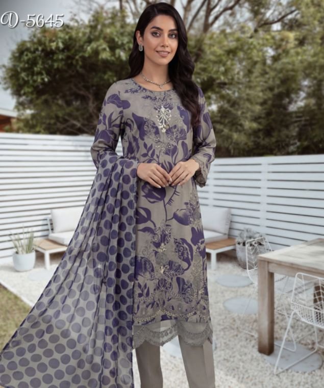 Afera 2 Taupe & Indigo Polka 3-Piece Lawn Suit (Design Code: D-5645) - Image 1