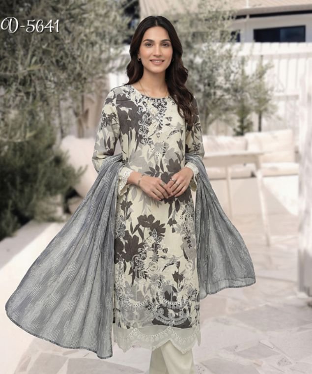 Afera 4 Charcoal & Off-White Botanical 3-Piece Lawn Suit (Design Code: D-5641) - Image 1