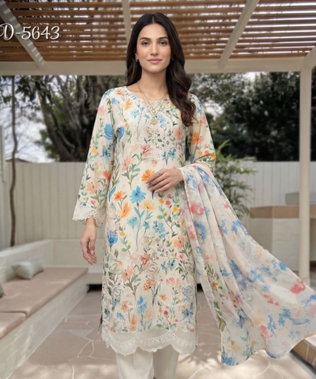Afera 7 Ivory Meadow Garden 3-Piece Lawn Suit (Design Code: D-5643) - Image 1