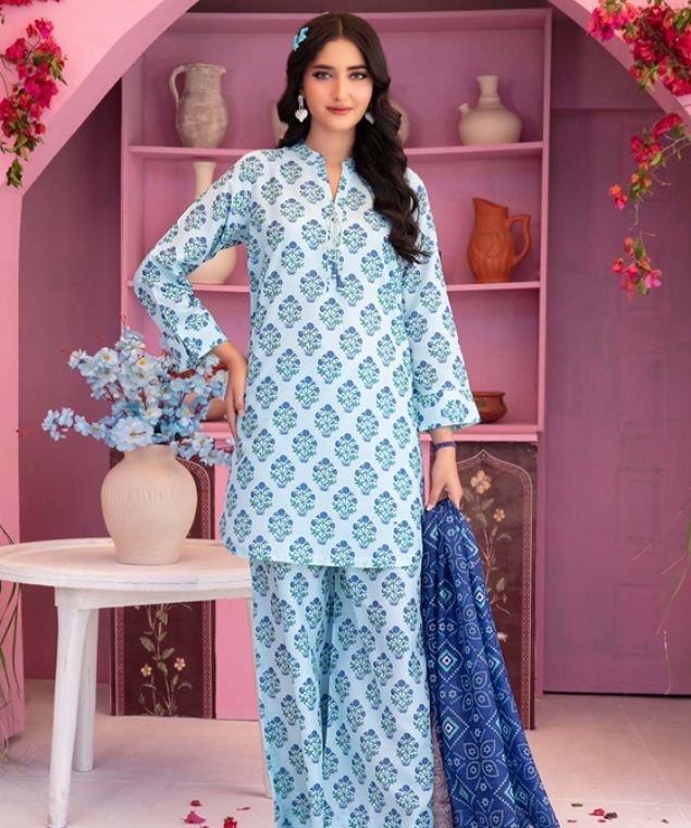 Cora 10 Ice Blue Block Print 3-Piece Lawn Suit - Image 1
