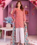 Coral Red Geometric Ikat 3-Piece Printed Lawn Suit