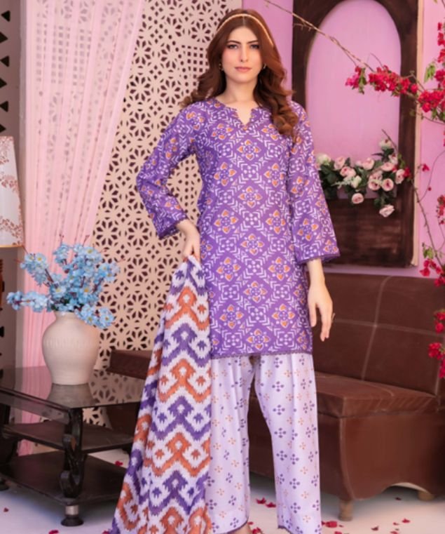 Cora 12 Vibrant Purple Mosaic 3-Piece Lawn Suit - Image 1