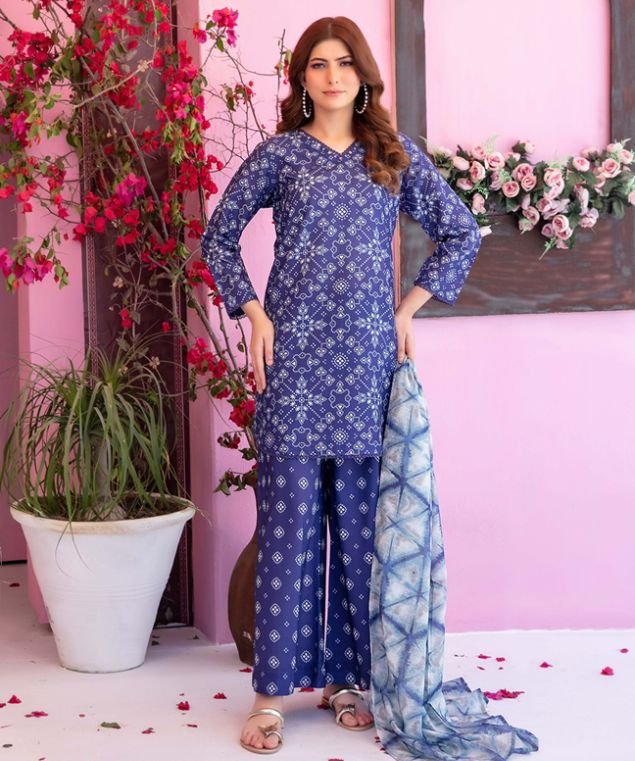 Cora 2 Royal Blue Geometric Chunri 3-Piece Lawn Suit - Image 1