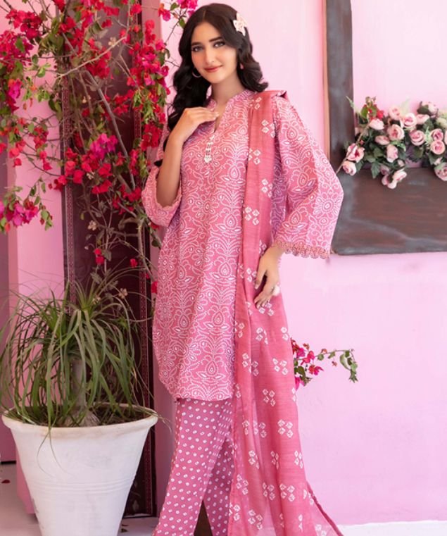 Cora 4 Rose Pink Lace Print 3-Piece Lawn Suit - Image 1