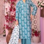 Ocean Teal Block Floral 3-Piece Lawn Suit
