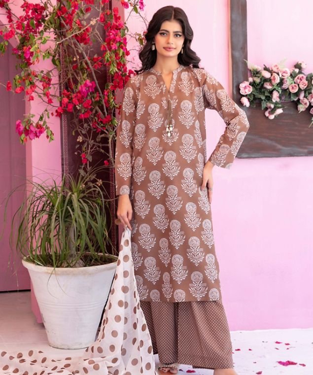 Cora 6 Mocha Brown Floral Motif 3-Piece Lawn Suit - Image 1