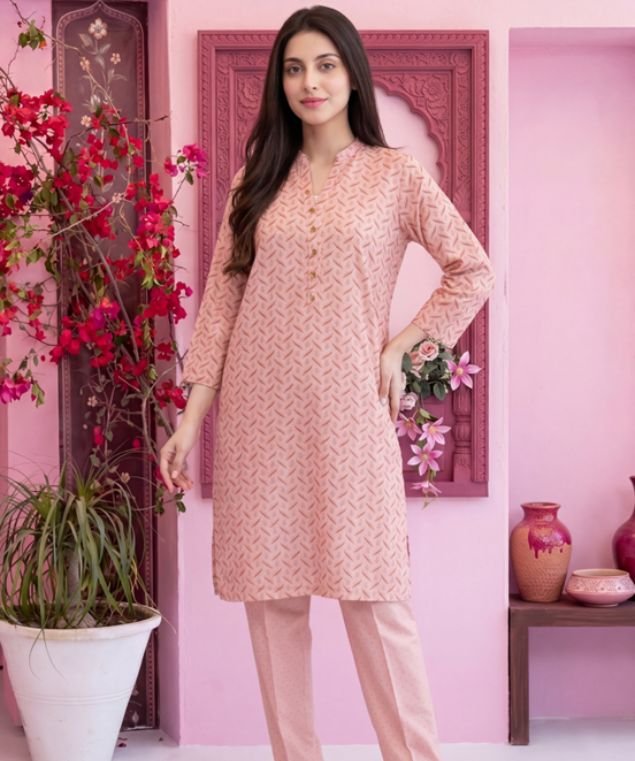 Elif 13 Soft Peach Geometric Chevron 3-Piece Lawn Suit - Image 1