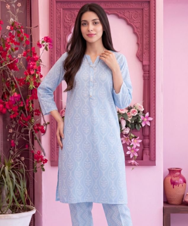 Elif 4 Powder Blue Leaf Motif 3-Piece Lawn Suit - Image 1