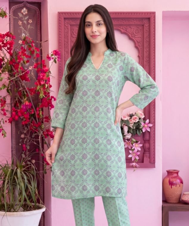 Elif 7 Pistachio Green Floral Lattice 3-Piece Lawn Suit - Image 1
