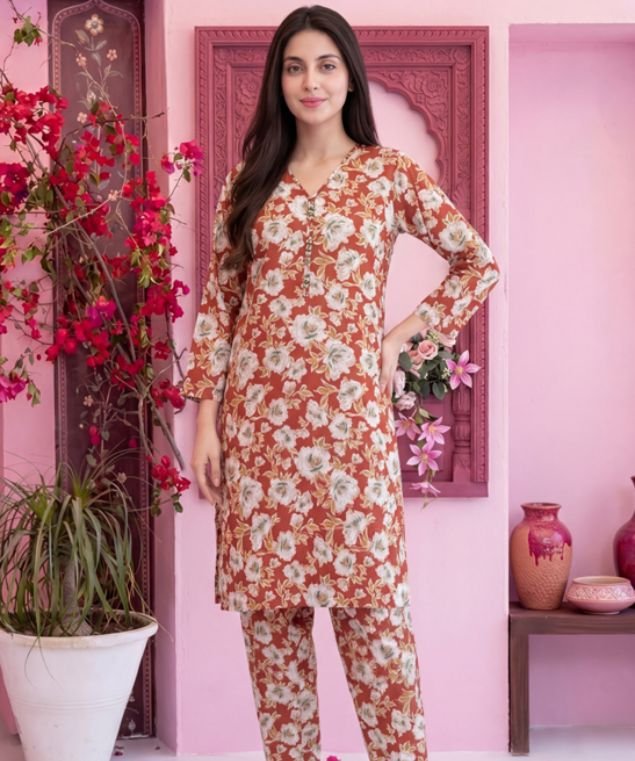 Elif 9 Rust Terracotta Floral 3-Piece Lawn Suit - Image 1