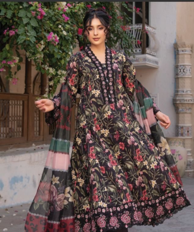 MD 1 Midnight Floral Anarkali 3-Piece Embroidered Lawn Suit - Image 1