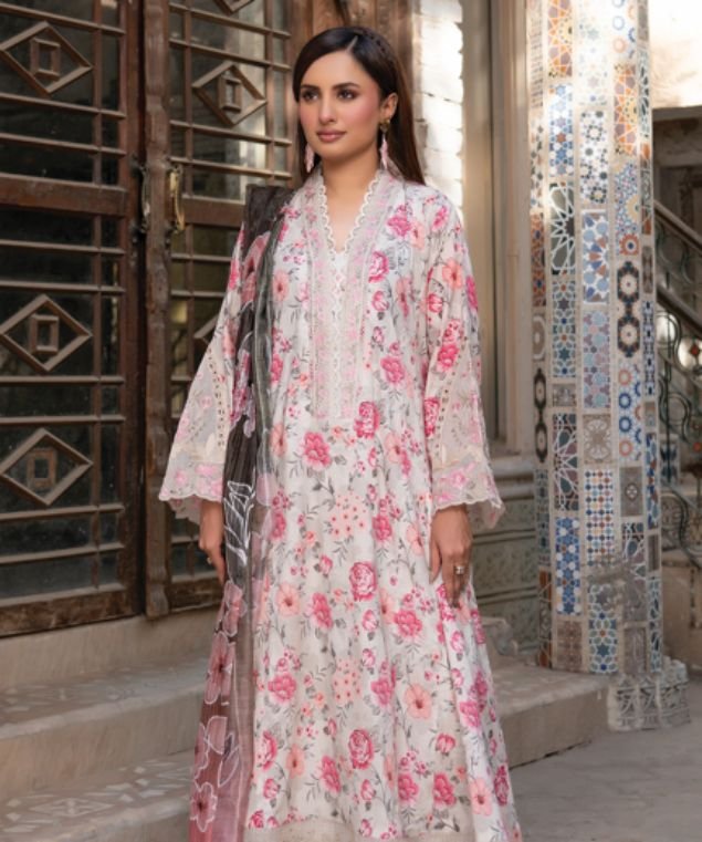MD 6 Ivory Magenta Gardenia 3-Piece Lawn Suit - Image 1