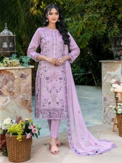 Soft Lilac Embroidered 3-Piece Lawn Suit