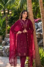 Deep Plum Floral Cutwork 3-Piece Lawn Suit - Image 2