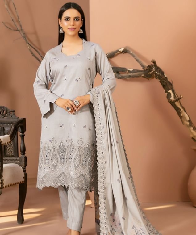 Zouq 3 Silver Mist Embroidered 3-Piece Suit - Image 1