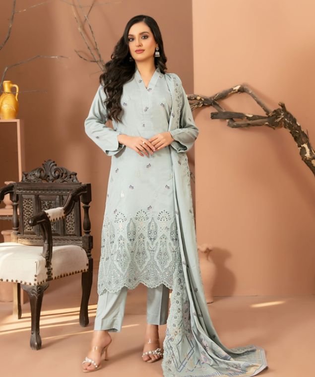 Zouq 7 Ice Blue Luxe Embroidered 3-Piece Suit - Image 1