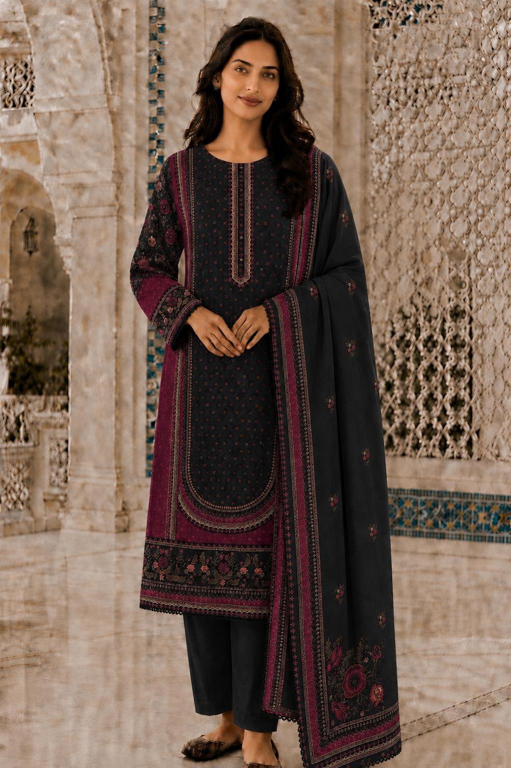 Bin Saeed - Black Maroon Eastern round neck - quantity 2 x small 2 x medium 2 x large 2 x extra large 2 x double XL Black Maroon Eastern Set - Image 1