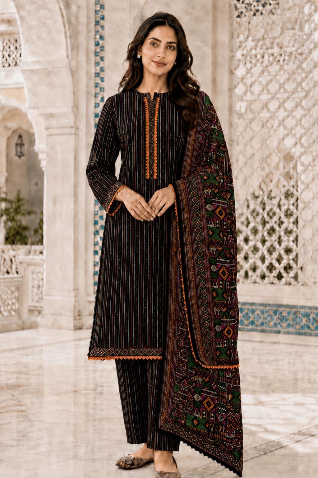 Bin Saeed - Black with orange neck and daman and black colorful dupatta - casual - quantity 2 x small 2 x medium 2 x large 3 x extra large 2 x double XL Black Orange Detail Set - Image 1