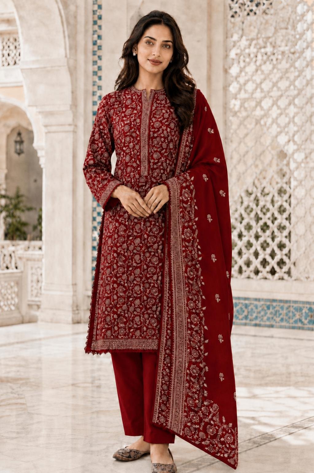 Bin Saeed - Blood Red white elegant print - casual - quantity 2 x small 2 x medium 2 x large 3 x extra large 2 x double XL Blood Red White Print Set - Image 1