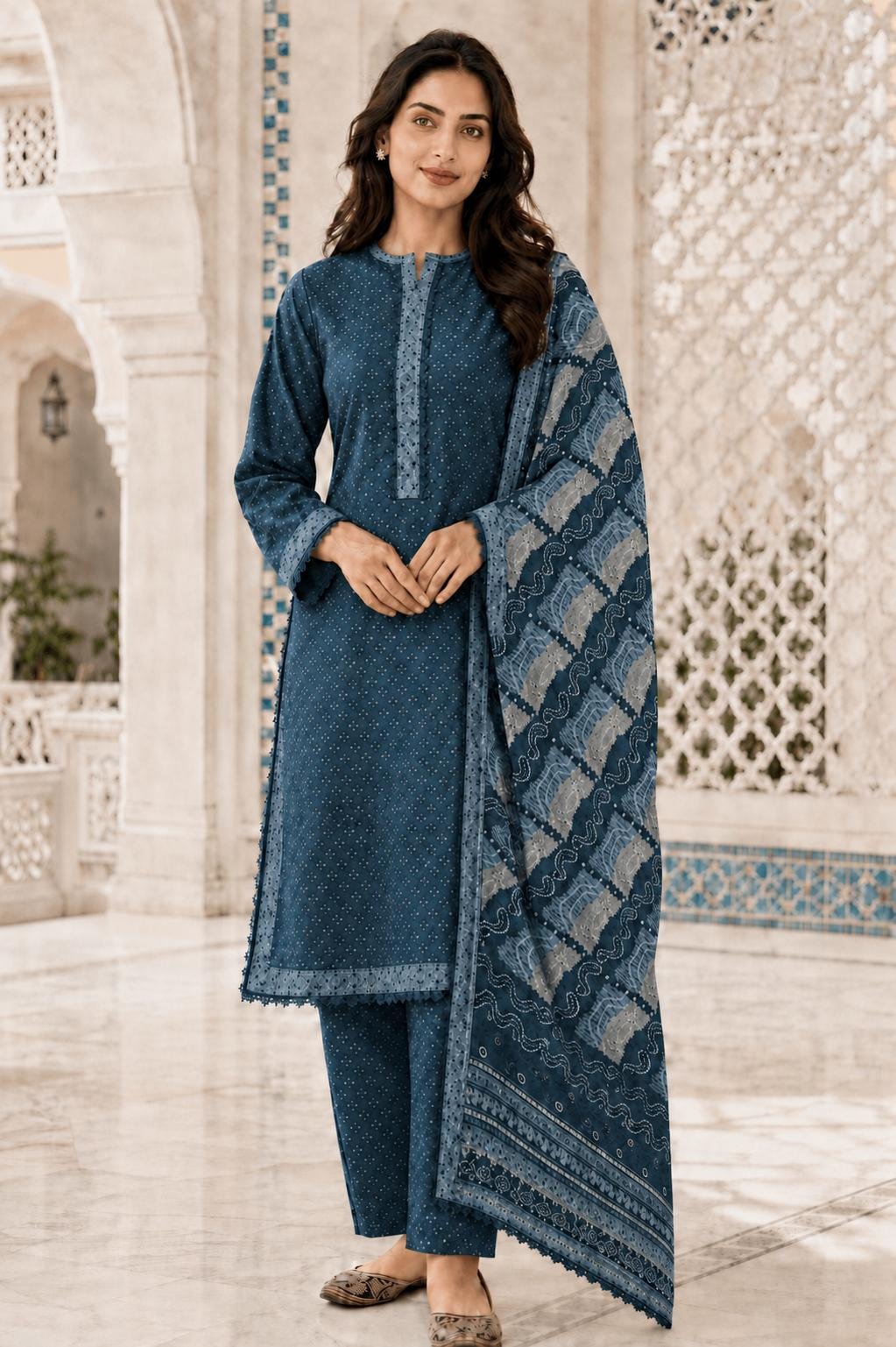 Bin Saeed - Blue base white dotts sky blue neck and daman with blue checkered white dupatta - casual - quantity 2 x small 2 x medium 2 x large 4 x extra large 1 x double xl Blue Dot Checkered Dupatta Set - Image 1