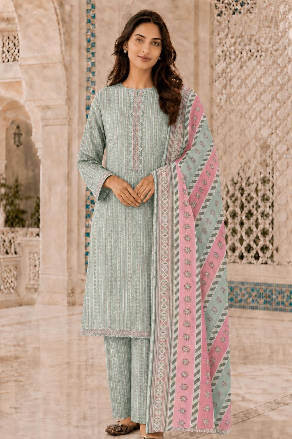 Bin Saeed - Ferozi with pink little print on neck and pink ferozi linings dupatta - casual - quantity 2 x small 2 x medium 2 x large 3 x extra large 2 x double XL Ferozi Pink Detail Set - Image 1