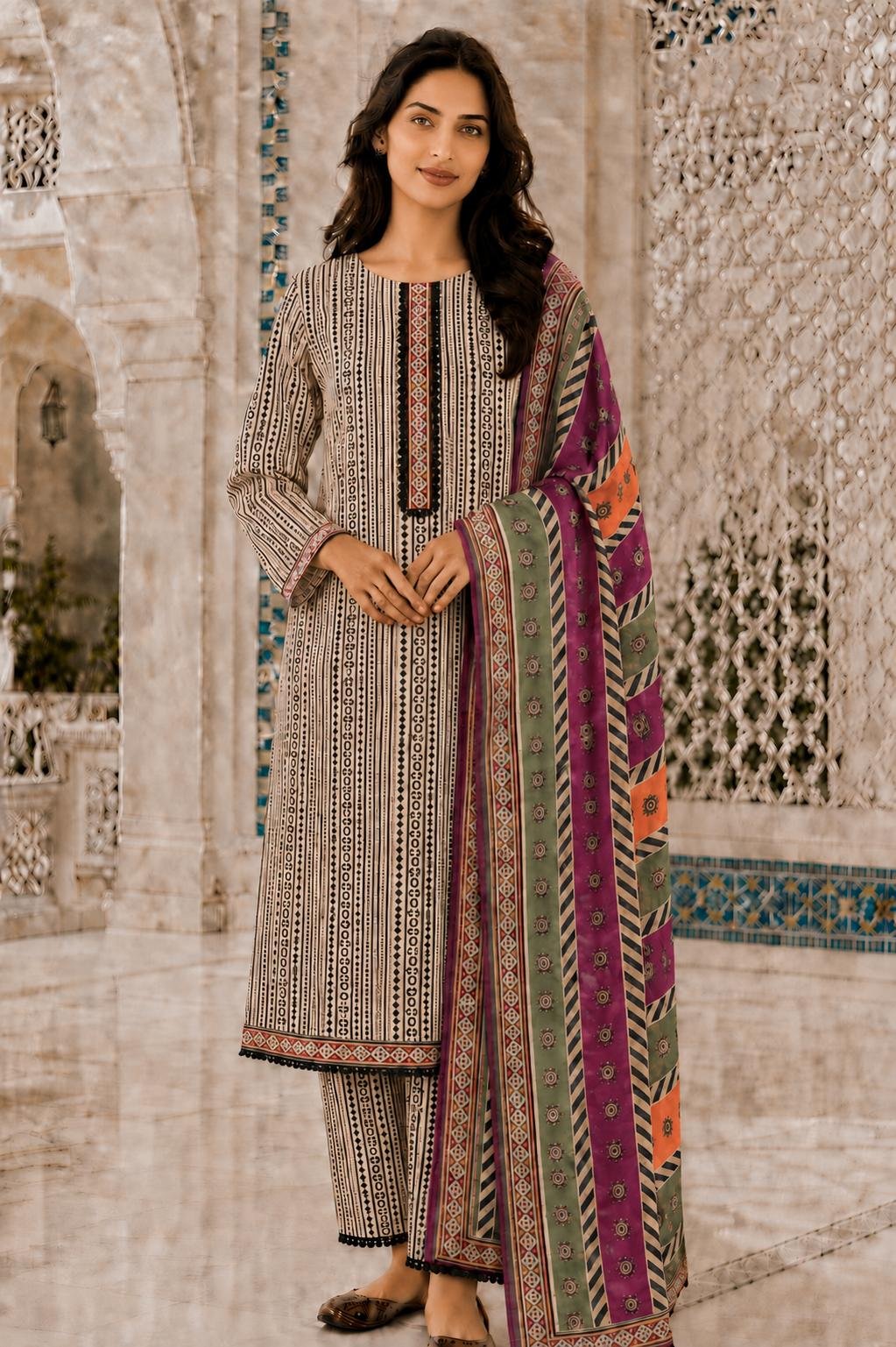Bin Saeed - Linings white brown multi color dupatta shocking pink and orange - casual - quantity 2 x small 3 x medium 1 x large 3 x extra large 2 x double XL White Brown Lining Set - Image 1