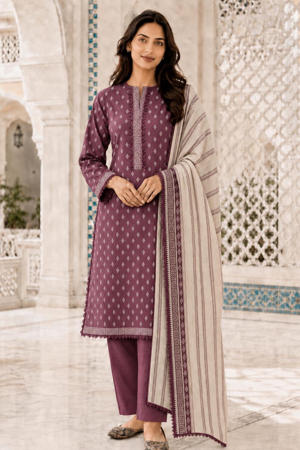 Bin Saeed - Purple & white printed - Casual - quantity 2 x small 2 x medium 2 x large 3 x extra large 2 x double XL Purple & White Printed Set - Image 1