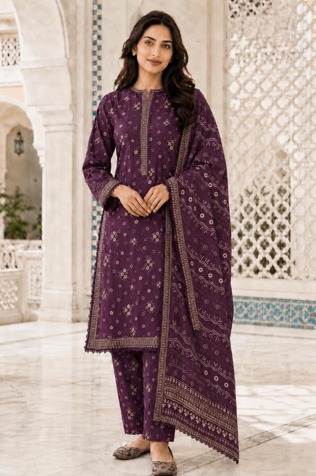 Bin Saeed - Purple with white small prints - casual - quantity 2 x small 2 x medium 2 x large 3 x extra large 2 x double XL Purple White Print Set - Image 1