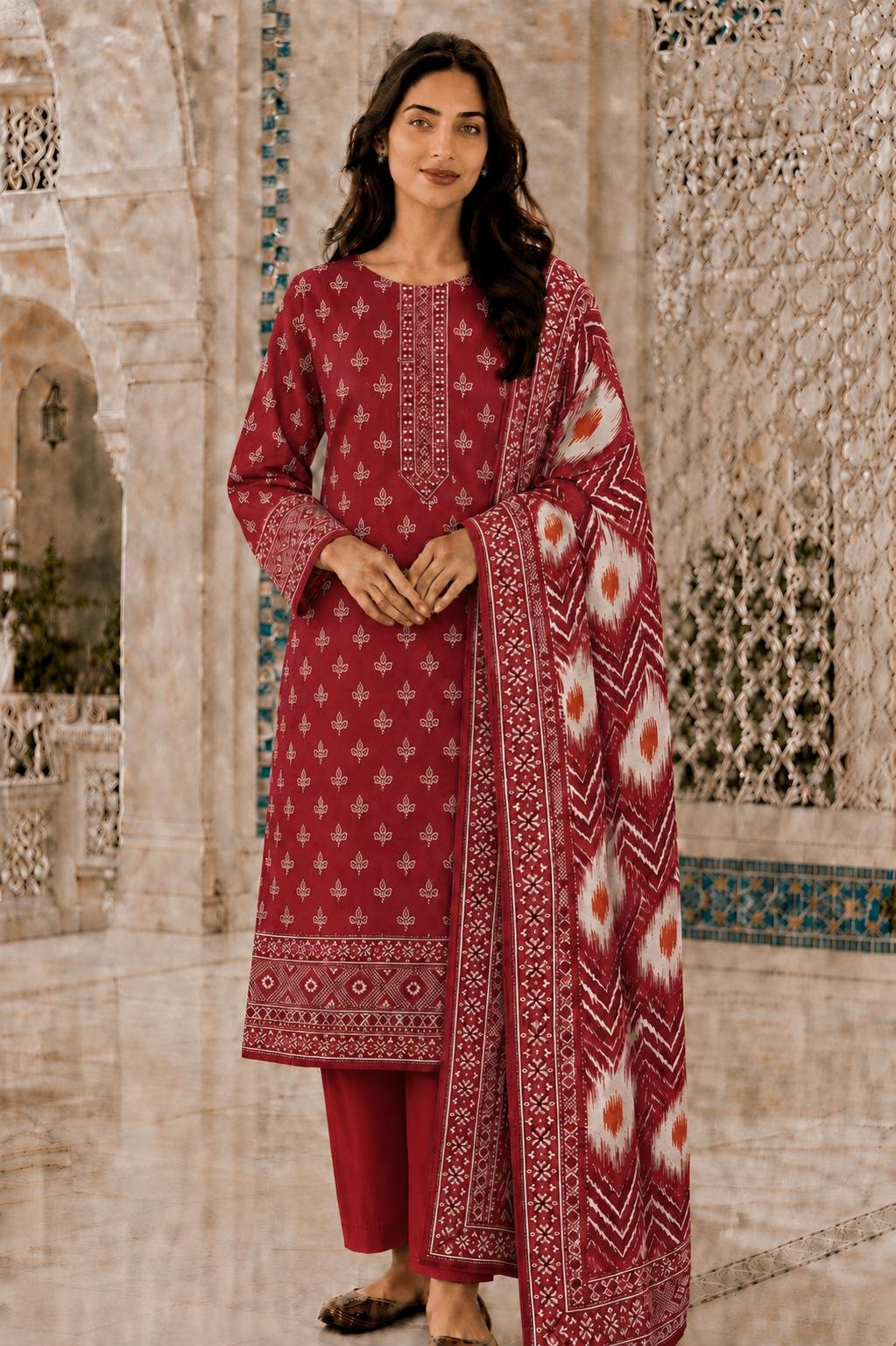 Bin Saeed - Red and white blocks on red dupatta - casual - quantity 2 x small 2 x medium 2 x large 2 x extra large 2 x double XL this quantity is different pay attention Red & White Block Set - Image 1