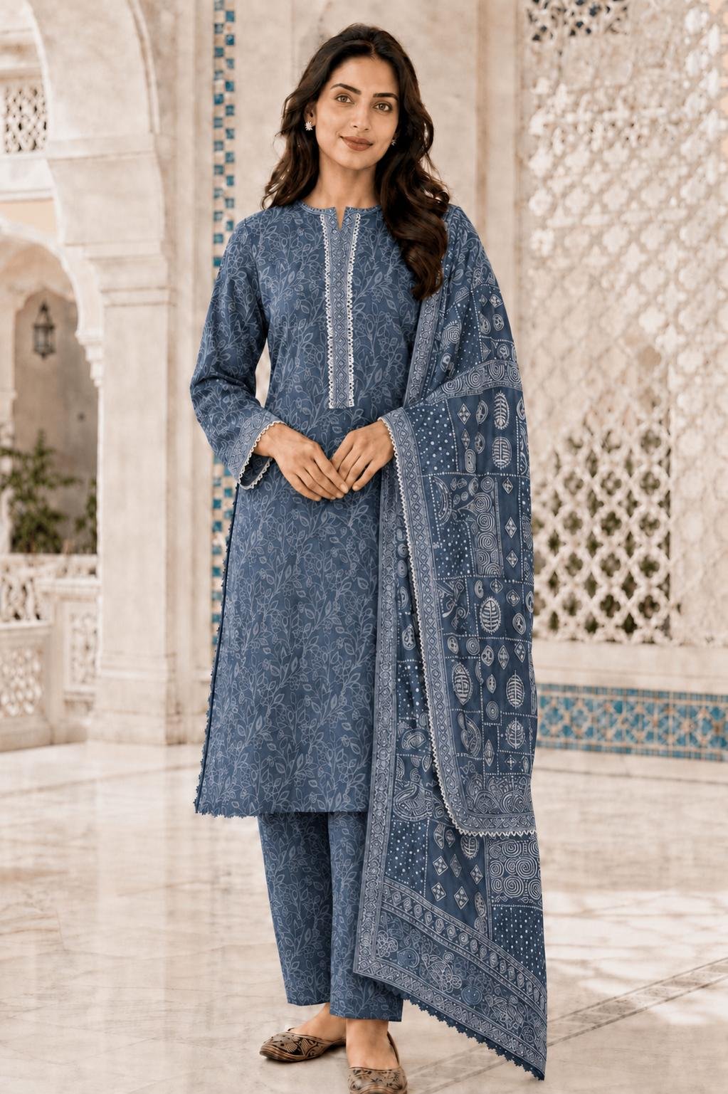 Bin Saeed - White and Blue eastern chunari style dupatta - casual - quantity 2 x small 2 x medium 2 x large 3 x extra large 2 x double XL White & Blue Chunari Set - Image 1
