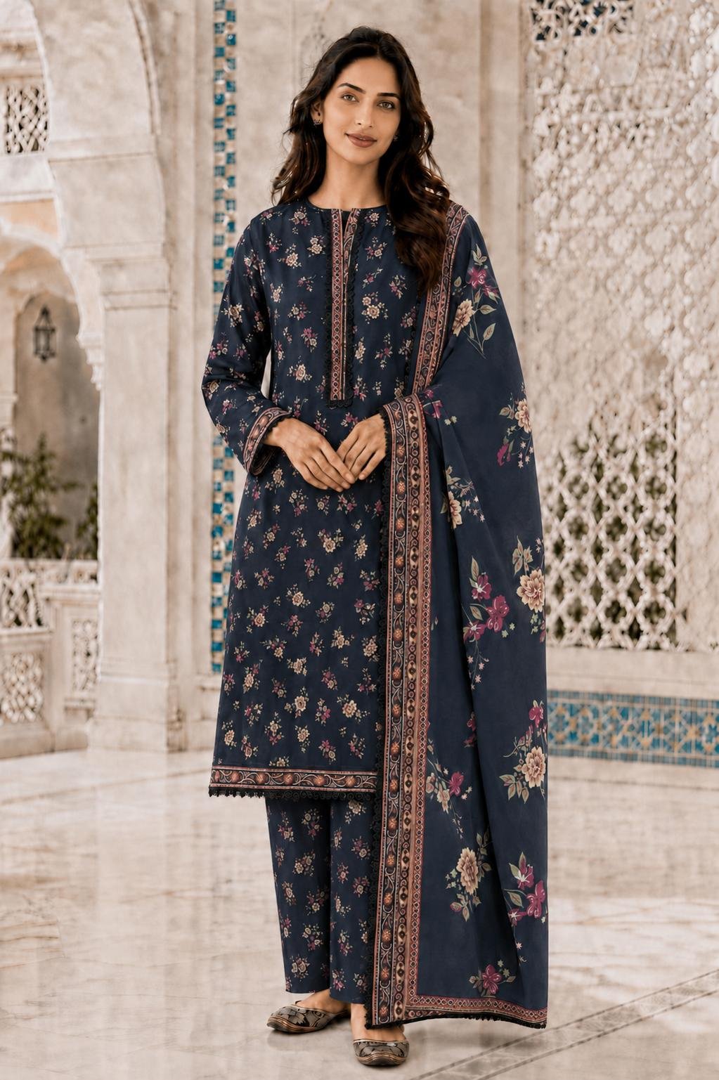 Bin Saeed - black colorful little floral and black big floral dupatta - casual - quantity 2 x small 2 x medium 2 x large 3 x extra large 2 x double XL Black Floral Contrast Set - Image 1
