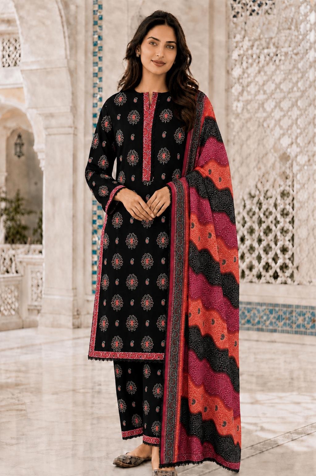 Bin Saeed - black with shocking pink orange rounds and balck orange shcking pink zigzag linings dupatta - casual - quantity 2 x small 2 x medium 2 x large 3 x extra large 2 x double XL Black Pink Zigzag Set - Image 1