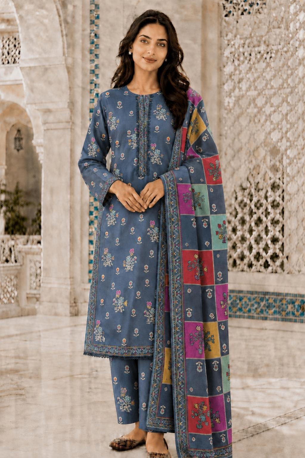 Bin Saeed - lazy blue white prin with checkered shocking pink yellow red lazy blue sky blue dupatta - casual - quantity 2 x small 2 x medium 2 x large 3 x extra large 2 x double XL Lazy Blue Printed Set - Image 1