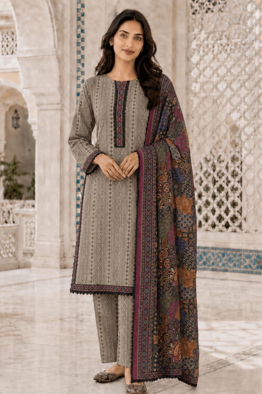 Bin Saeed - white brown linings base with brown neck and daman and multi color floral shocking pink orange brown dupatta - casual - quanitity 2 x small 2 x medium 2 x large 3 x extra large 2 x double XL White Brown Floral Dupatta Set - Image 1