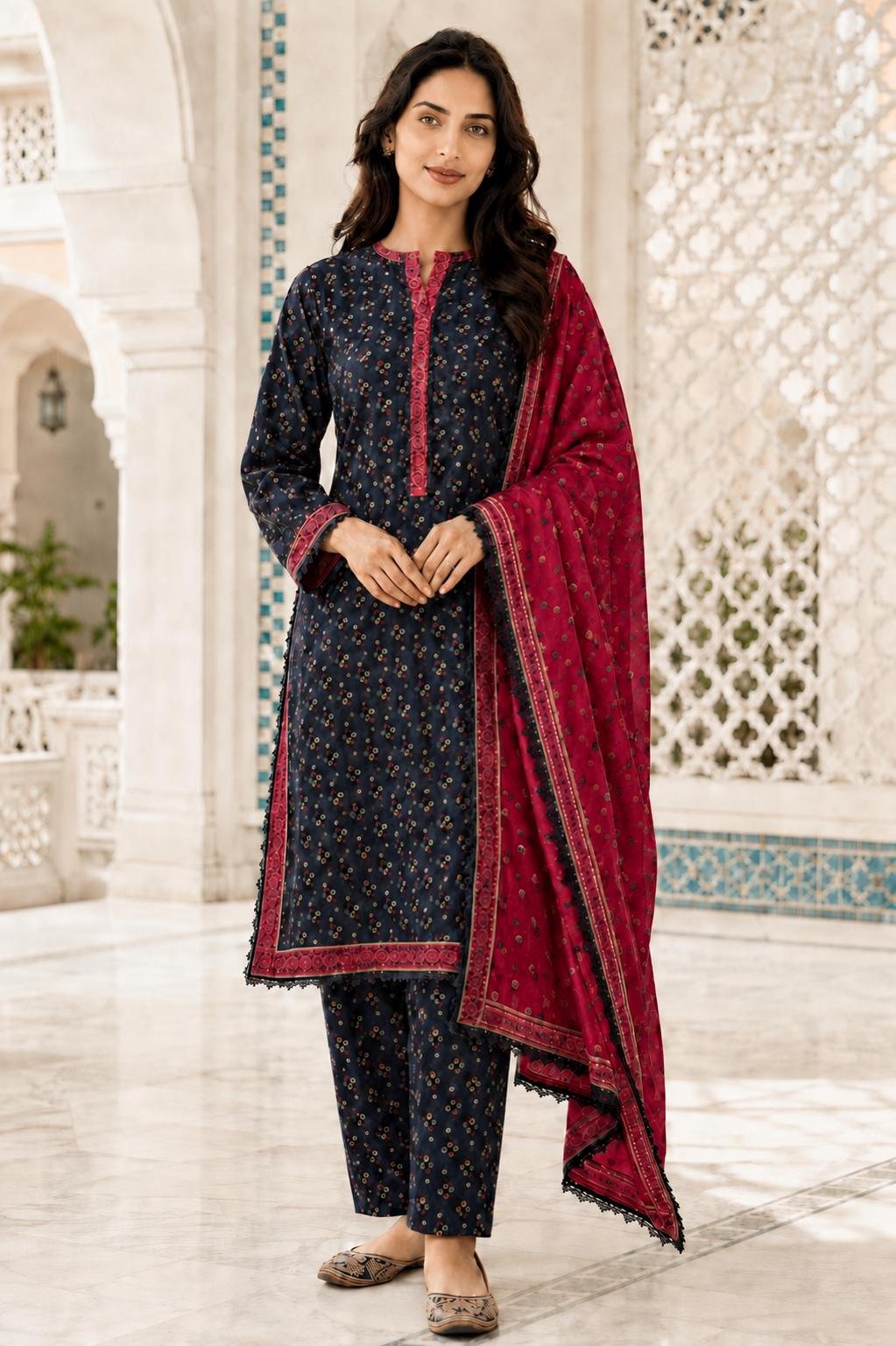 bin Saeed - dark blue with shocking pink cough neck and daman and shocking pink dupatta - casual - quantity 2 x small 2 x medium 2 x large 3 x extra large 2 x double XL Dark Blue Pink Detail Set - Image 1