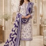 Ivory Purple Floral Print 3 Piece Suit with Purple Feather Print Dupatta